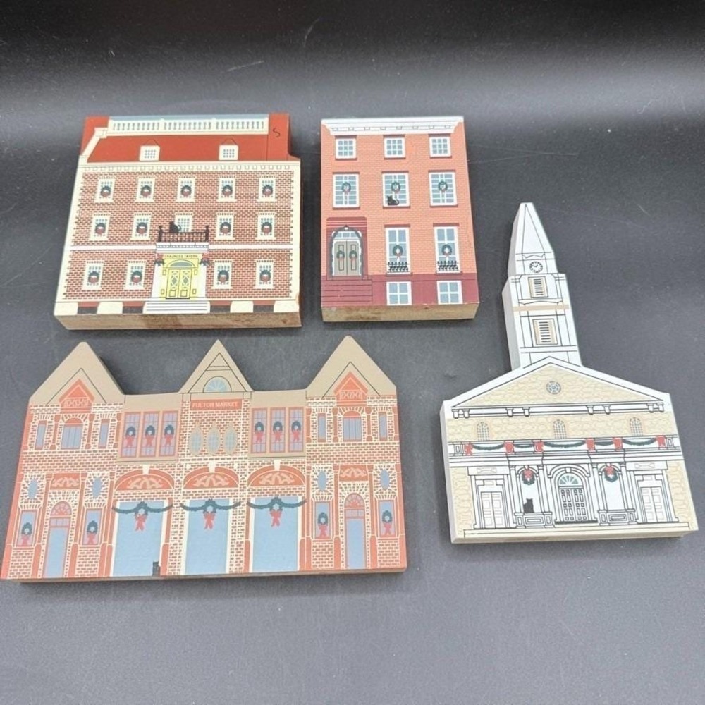 Vtg The Cat's Meow New York Christmas Village Signed Faline Lot of 4 1995 Church